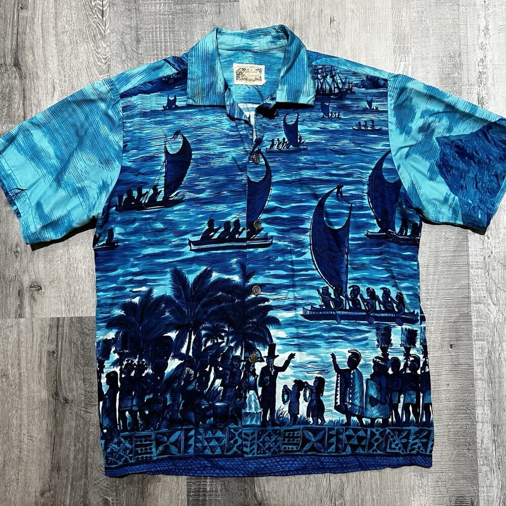 VTG 1960s Hawaiian Shirt Polynesian Islander Blue Metal Buttons Aloha Sz M/L